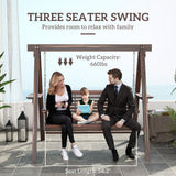 3-Seat Wooden Porch Swing with Stand & Side Tables, Carbonized Brown