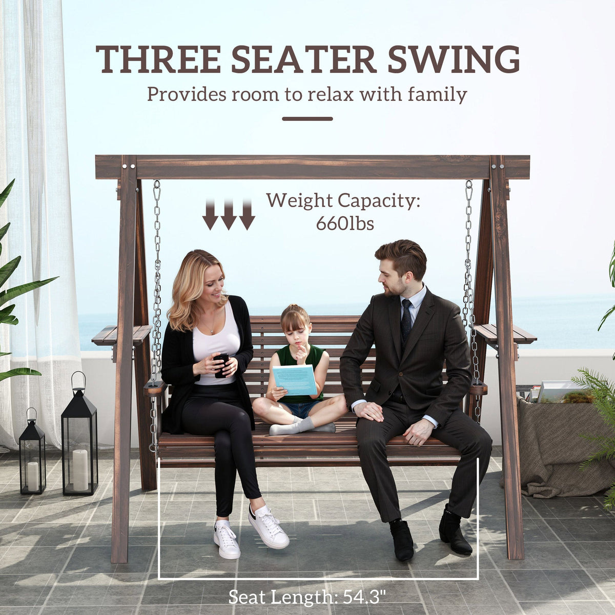 3-Seat Wooden Porch Swing with Stand & Side Tables, Carbonized Brown
