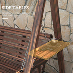 3-Seat Wooden Porch Swing with Stand & Side Tables, Carbonized Brown