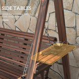 3-Seat Wooden Porch Swing with Stand & Side Tables, Carbonized Brown