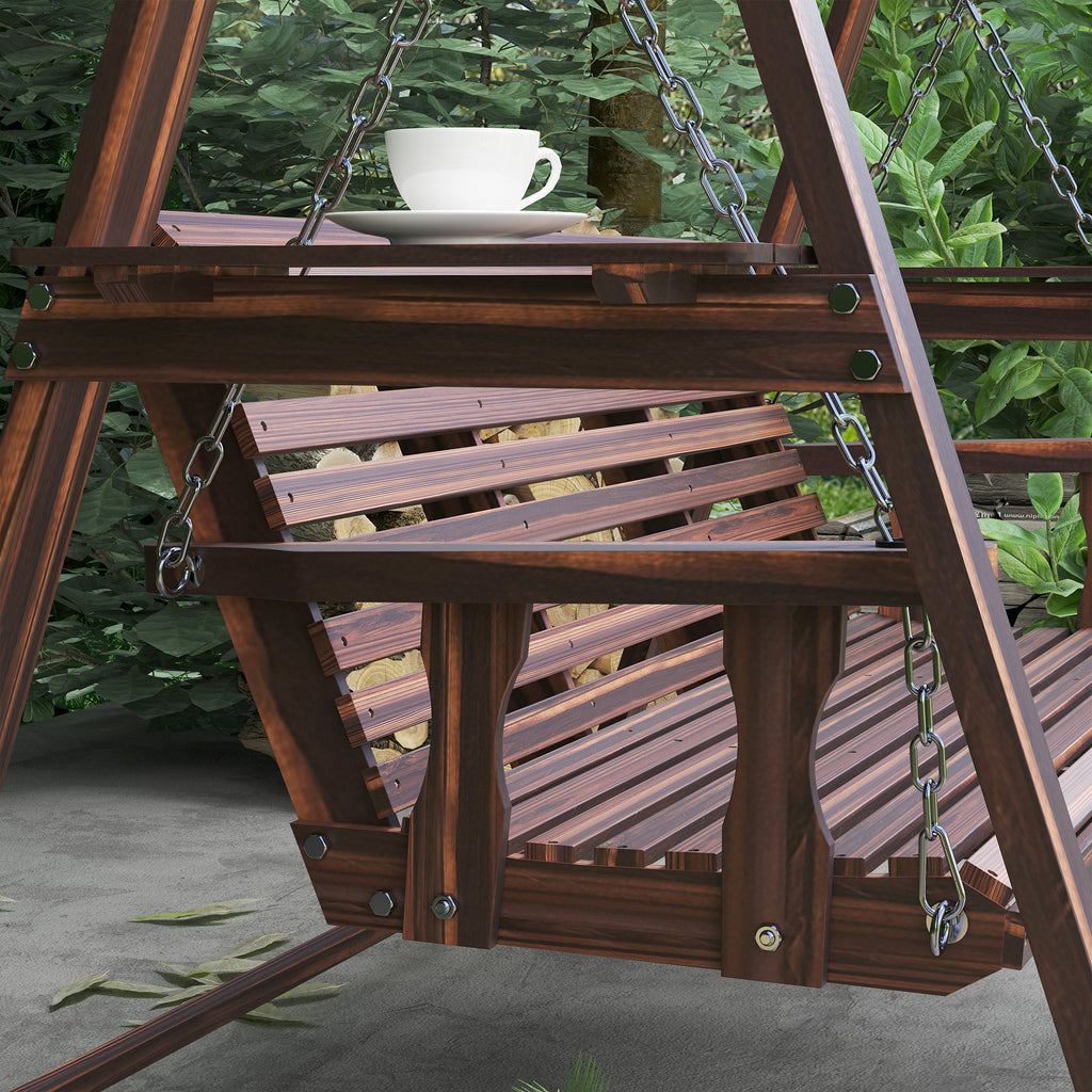 3-Seat Wooden Porch Swing with Stand & Side Tables, Carbonized Brown