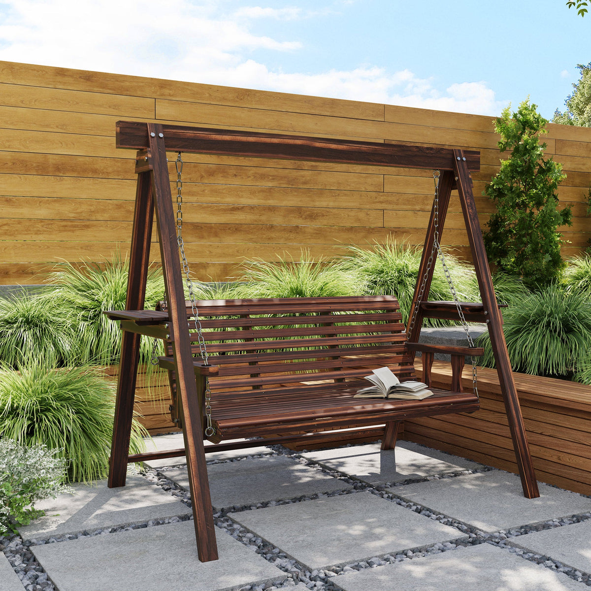 3-Seat Wooden Porch Swing with Stand & Side Tables, Carbonized Brown