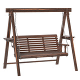 3-Seat Wooden Porch Swing with Stand & Side Tables, Carbonized Brown