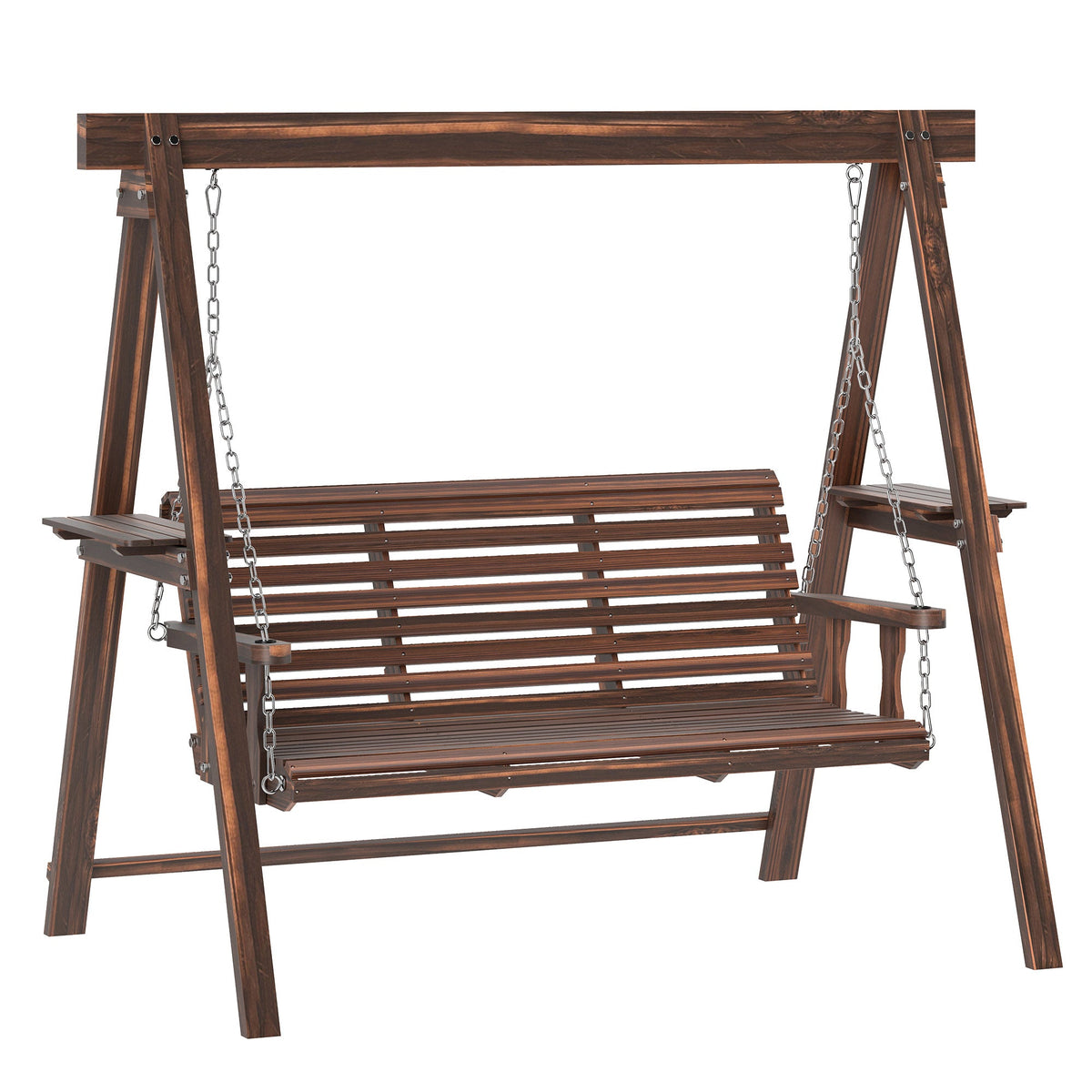 3-Seat Wooden Porch Swing with Stand & Side Tables, Carbonized Brown