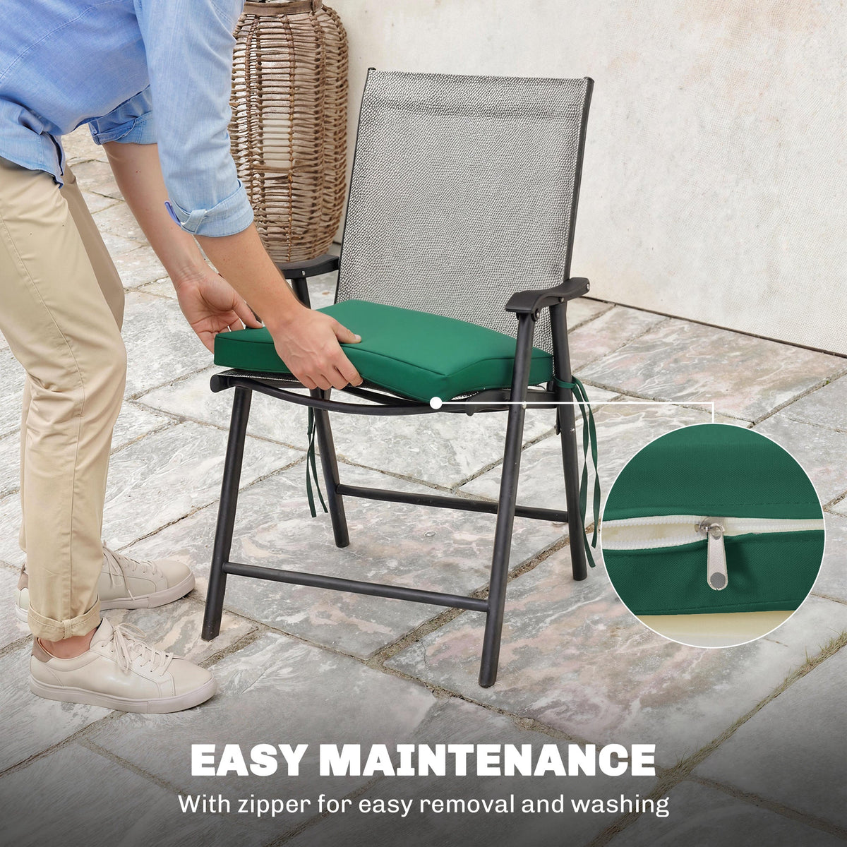 Set of 6 Chair Cushion Seat Pads with Straps, Green