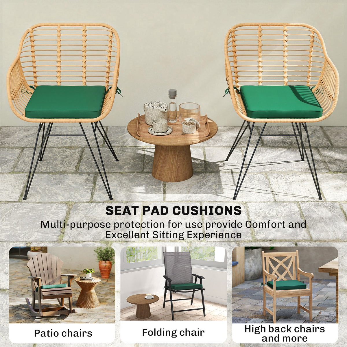 Set of 6 Chair Cushion Seat Pads with Straps, Green