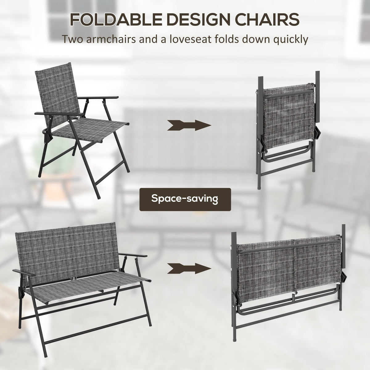 4pc Patio Furniture Set with Foldable Chairs, Loveseat and Glass Table, Mixed Grey