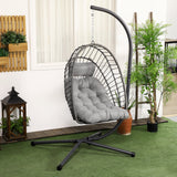 Rattan Hanging Egg Chair with Metal Stand, Foldable Basket & Cushion, Light Grey