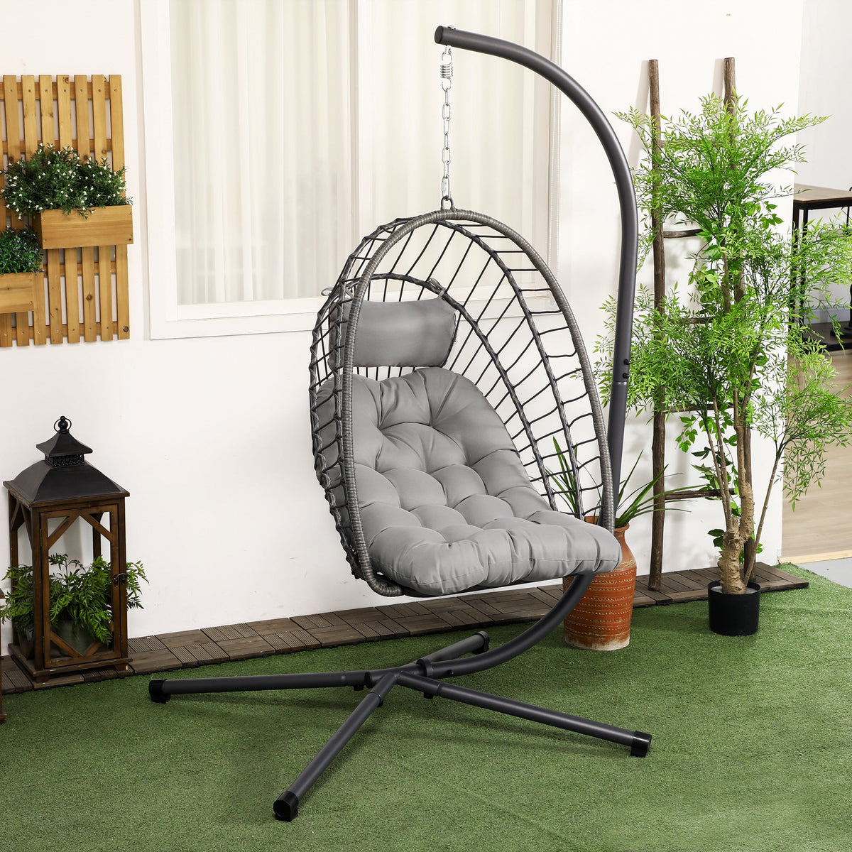 Rattan Hanging Egg Chair with Metal Stand, Foldable Basket & Cushion, Light Grey