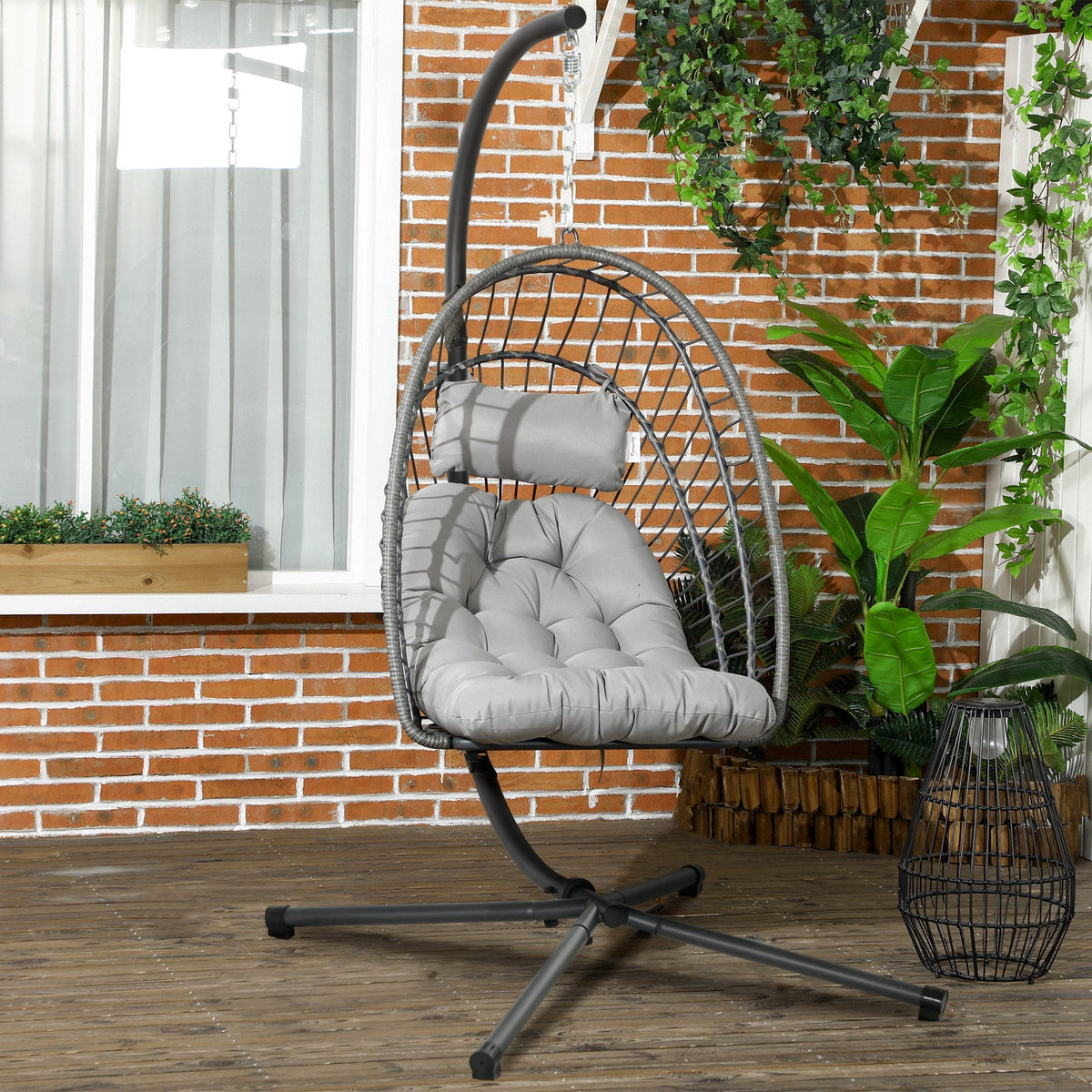 Rattan Hanging Egg Chair with Metal Stand, Foldable Basket & Cushion, Light Grey