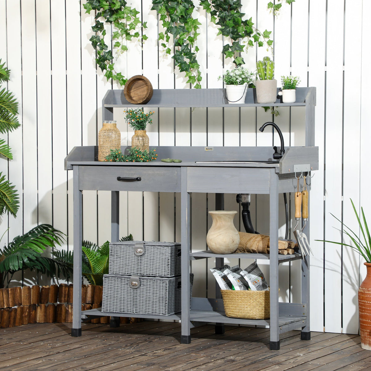 Potting Bench Table with Drawer, Removable Sink, Shelves and Hooks