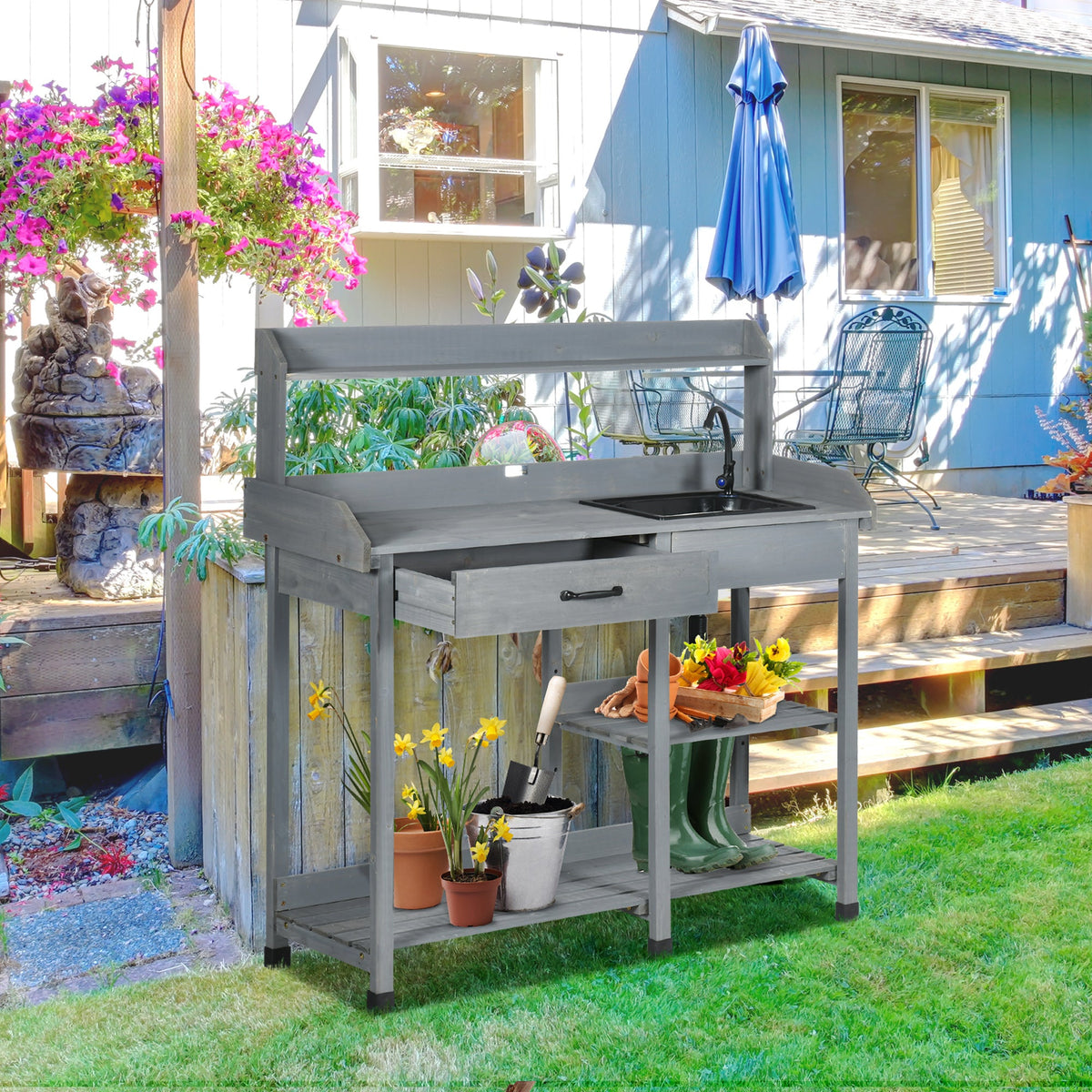 Potting Bench Table with Drawer, Removable Sink, Shelves and Hooks