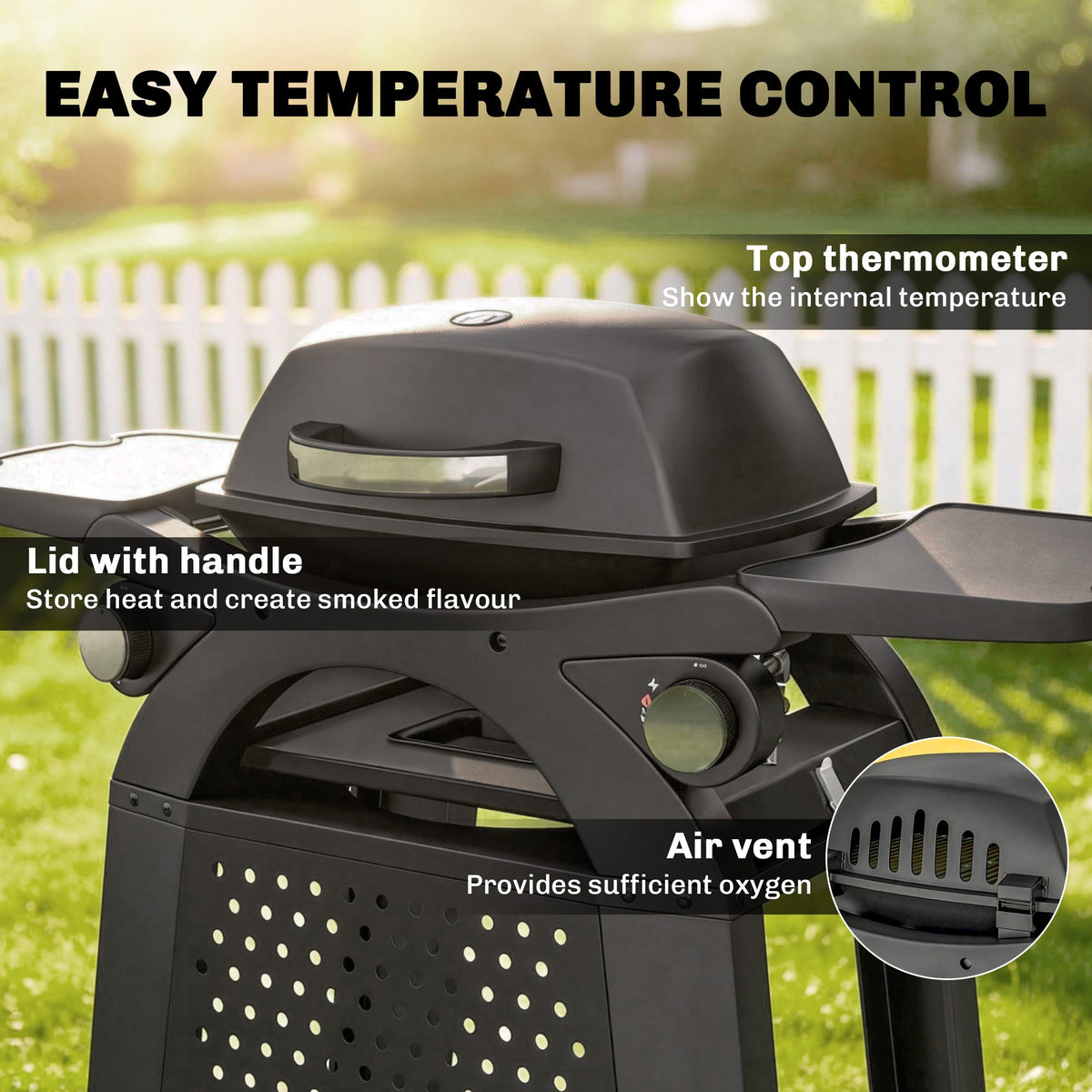 2 Burner Gas Grill with Wheels, Side Tables and Cast Iron Grates, Black