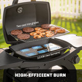 2 Burner Gas Grill with Wheels, Side Tables and Cast Iron Grates, Black