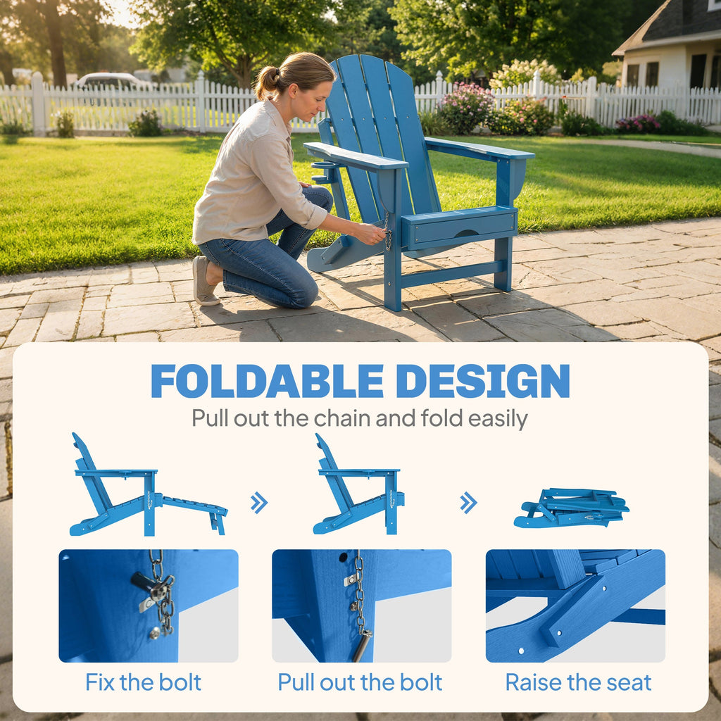 2 Piece Folding Adirondack Chairs with Ottoman and Cup Holder, Blue