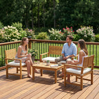 4-Seater Acacia Wood Outdoor Set with Loveseat, 2 Armchairs & Wood-Top Table, Cream