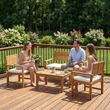 4-Seater Acacia Wood Outdoor Set with Loveseat, 2 Armchairs & Wood-Top Table, Cream