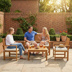 4-Seater Acacia Wood Outdoor Set with Loveseat, 2 Armchairs & Wood-Top Table, Cream