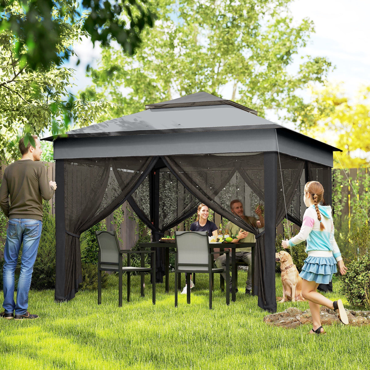 10.7 x 10.7ft Pop-Up Gazebo with Mesh Curtains & UV30 Roof, Dark Grey