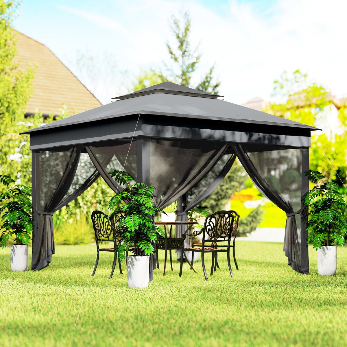 10.7 x 10.7ft Pop-Up Gazebo with Mesh Curtains & UV30 Roof, Dark Grey
