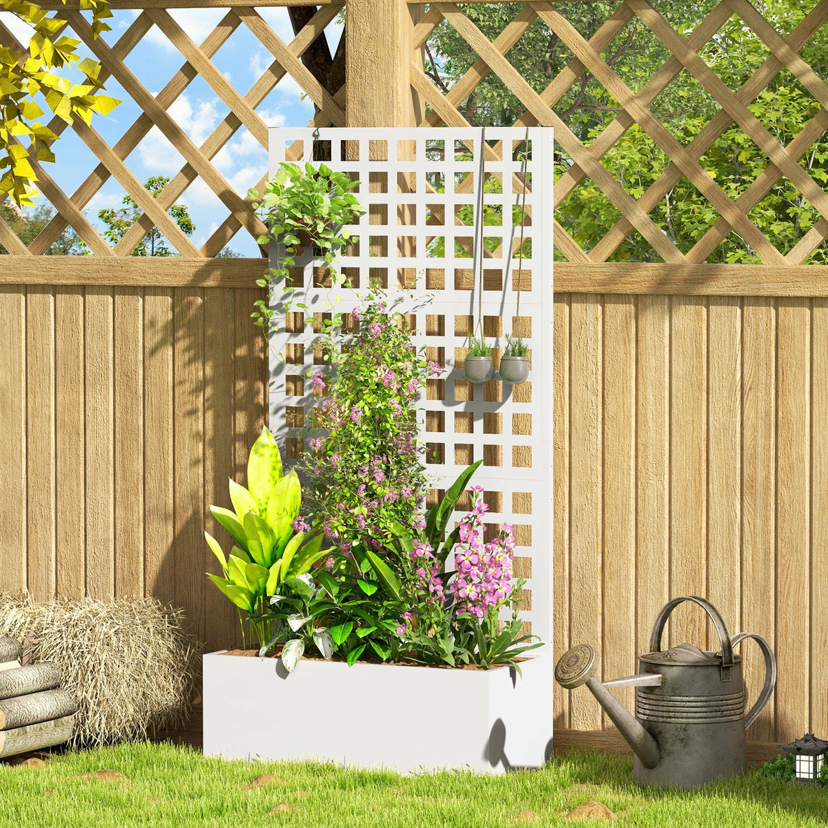 35" x 16" x 70" Raised Garden Bed with Trellis and Privacy Screen, White