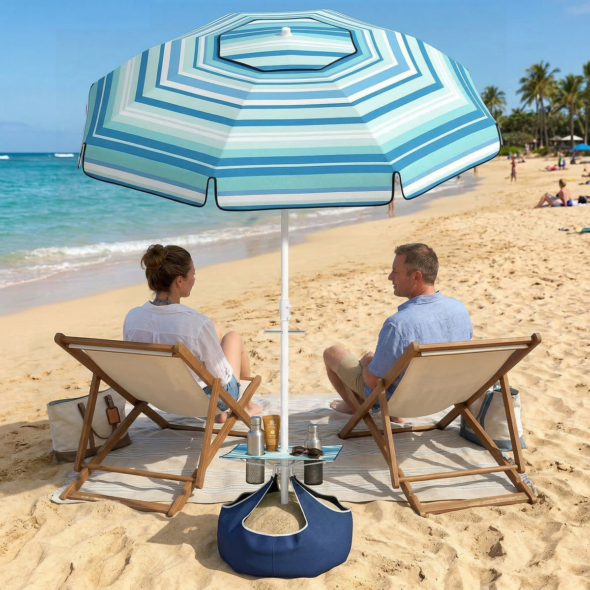 6 ft Portable Beach Umbrella with Foldable Table and Cup Holders, Dark Blue
