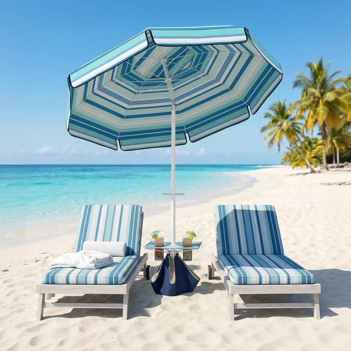 6 ft Portable Beach Umbrella with Foldable Table and Cup Holders, Dark Blue