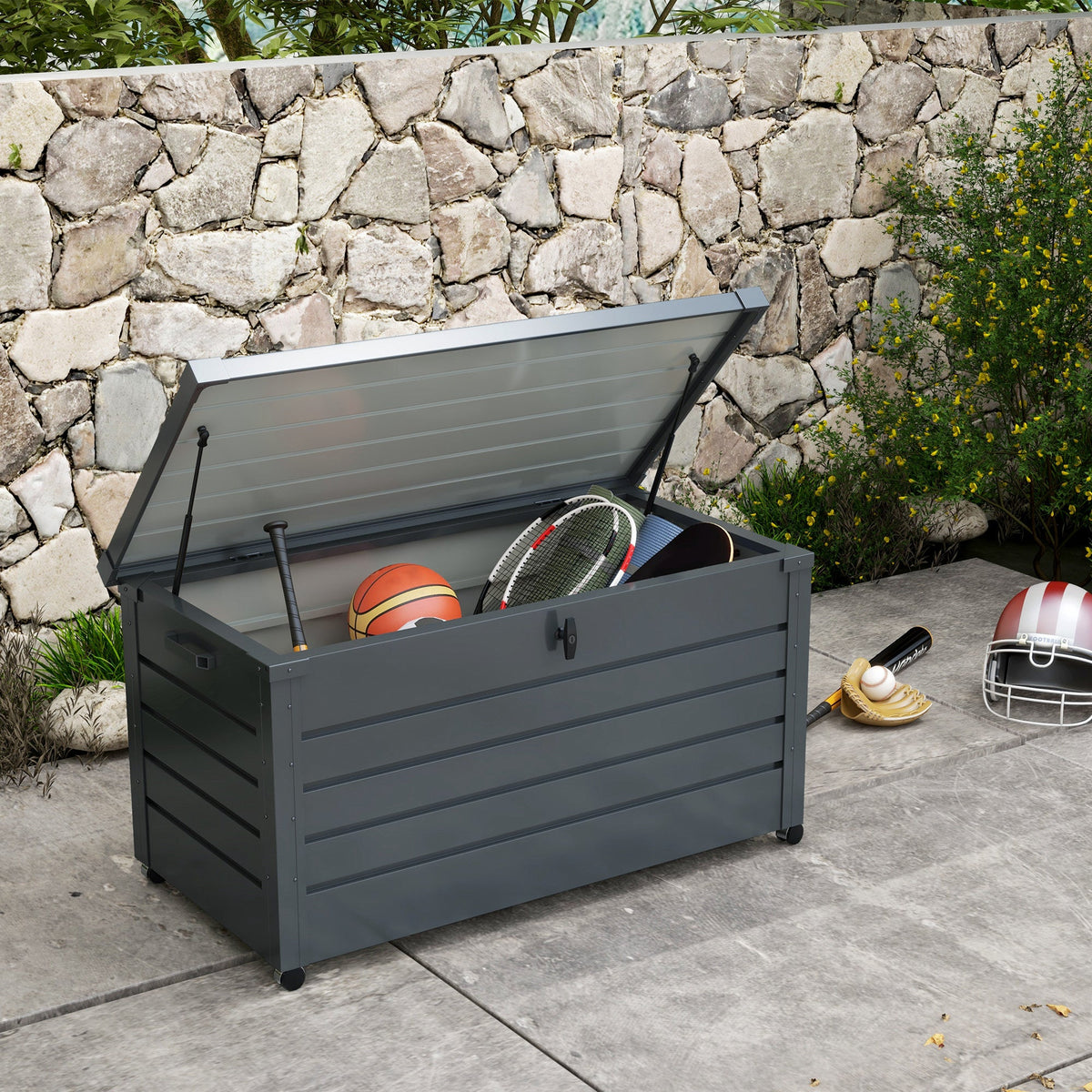 82 Gallon Galvanized Steel Deck Box with Wheels and Handles, Dark Grey