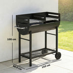 Charcoal BBQ Trolley, Metal 2-Zone Grill on Wheels, Adjustable Grates, Black