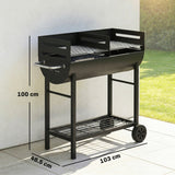 Charcoal BBQ Trolley, Metal 2-Zone Grill on Wheels, Adjustable Grates, Black