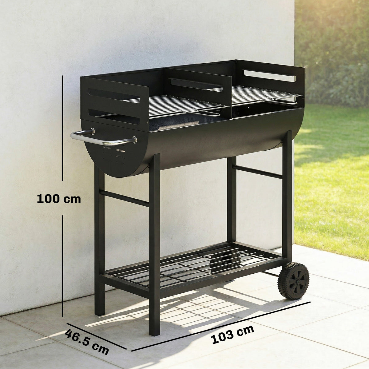 Charcoal BBQ Trolley, Metal 2-Zone Grill on Wheels, Adjustable Grates, Black