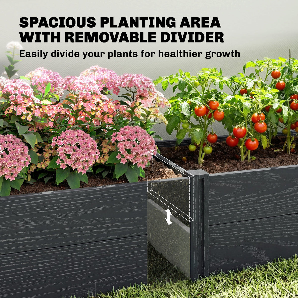 6.5 x 2 x 1ft Vinyl Raised Garden Bed with Divider, Grey Wood Effect