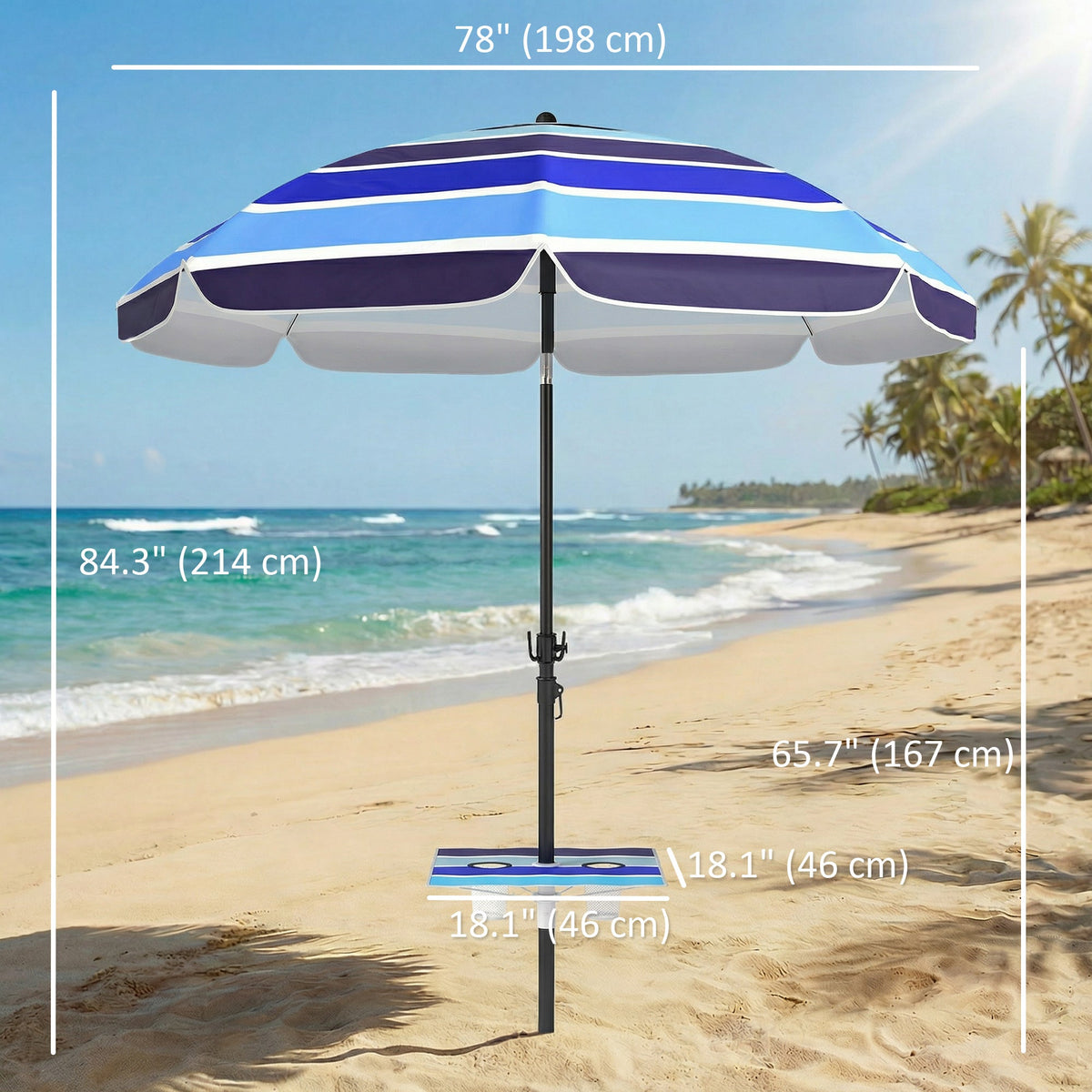 78" Beach Umbrella with Foldable Table, Cup Holder and Carry Bag, Multicolor