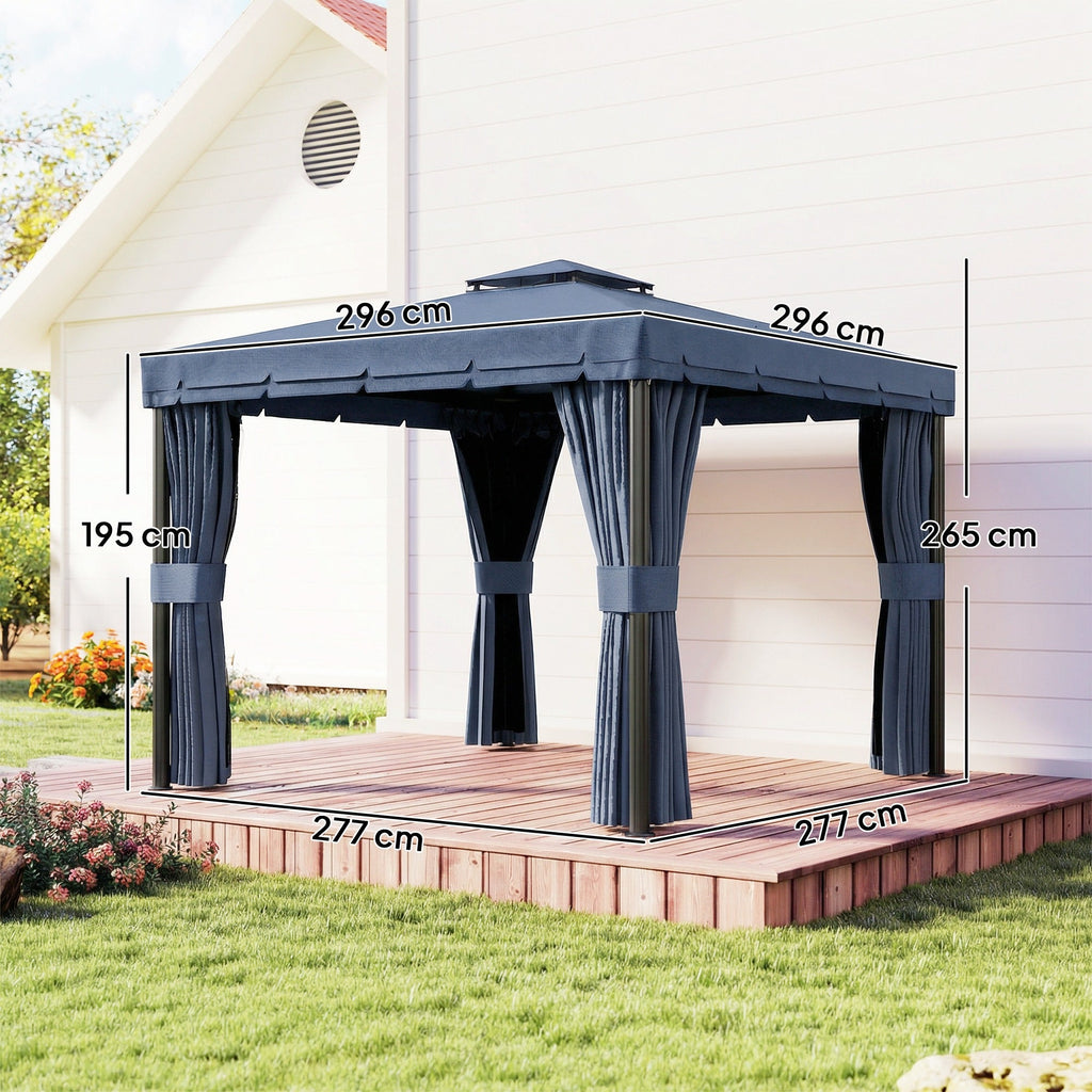 3 x 3 m Patio Gazebo with 2-Tier Roof, Netting & Curtains, Dark Blue