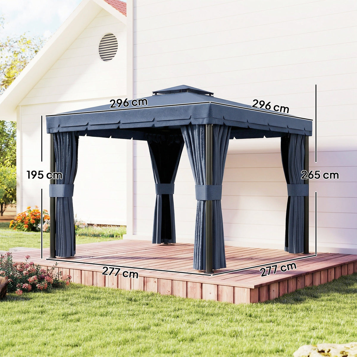 3 x 3 m Patio Gazebo with 2-Tier Roof, Netting & Curtains, Dark Blue