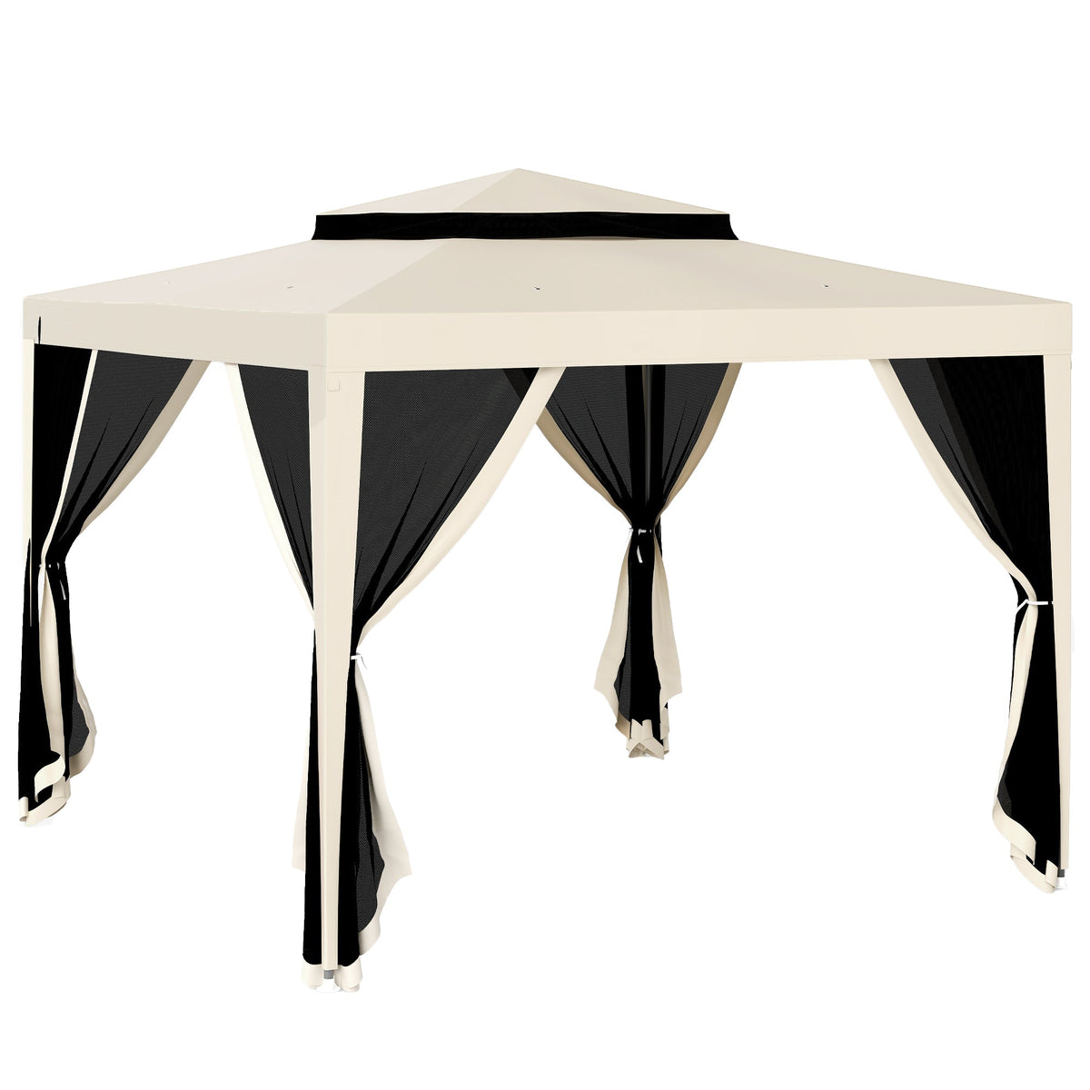 10' x 10' Canopy Tent with Mesh Netting and Double-Tier Roof, Beige