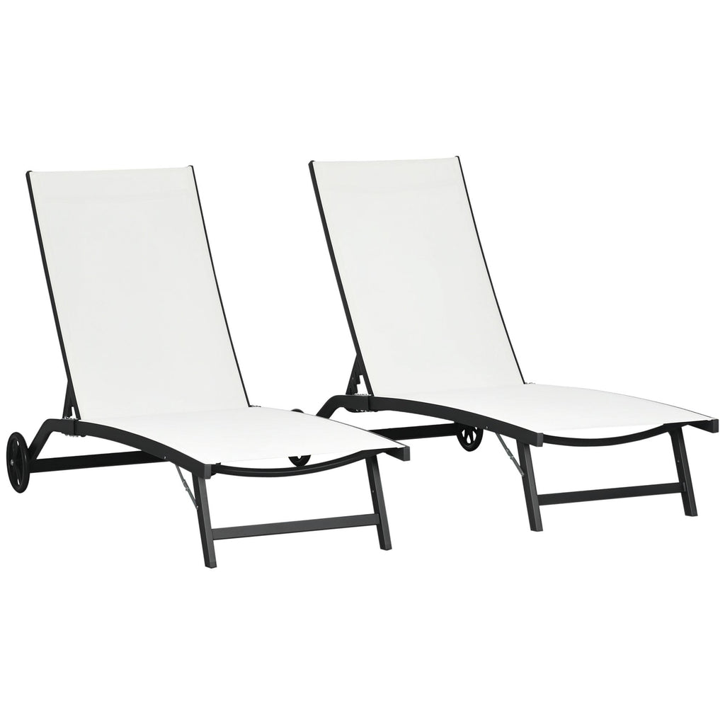 Set of 2 Outdoor Lounge Chairs with Wheels and Mesh Seat, Cream White