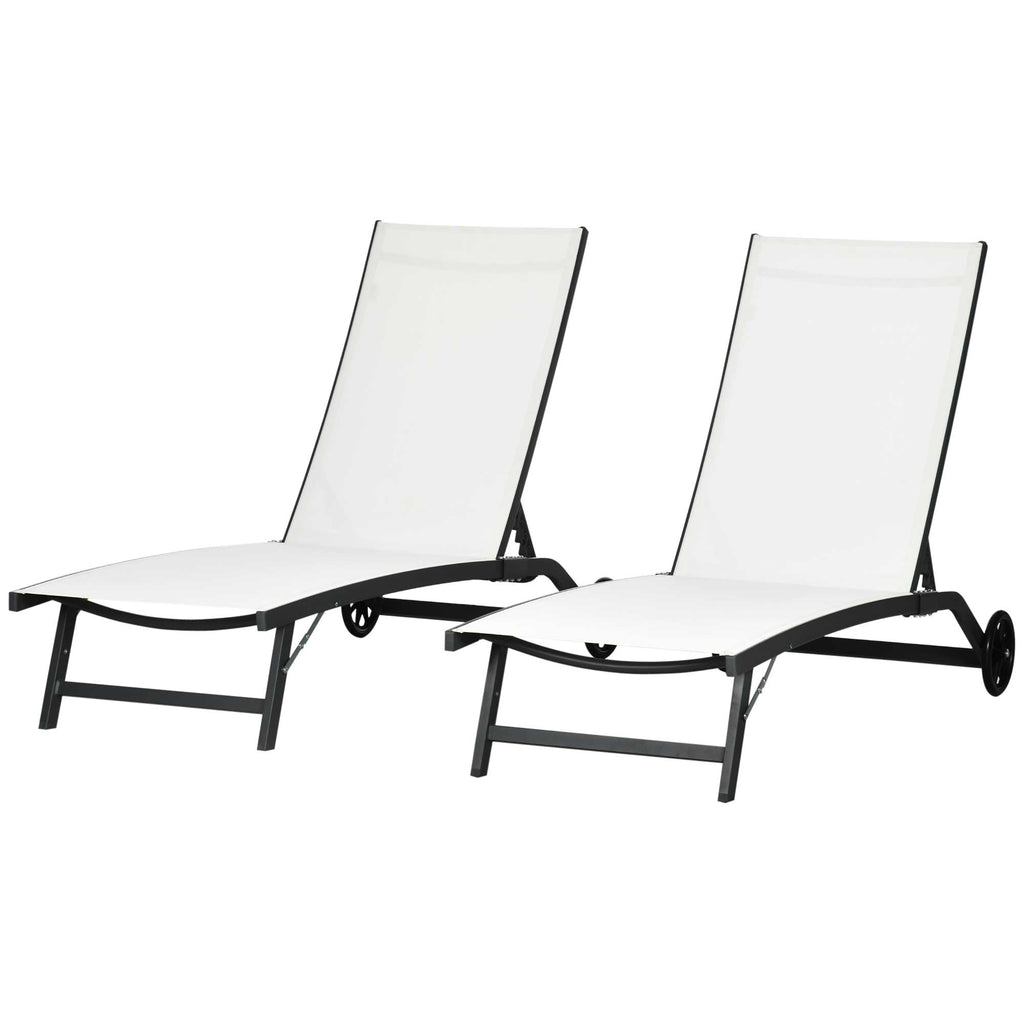 Set of 2 Outdoor Lounge Chairs with Wheels and Mesh Seat, Cream White