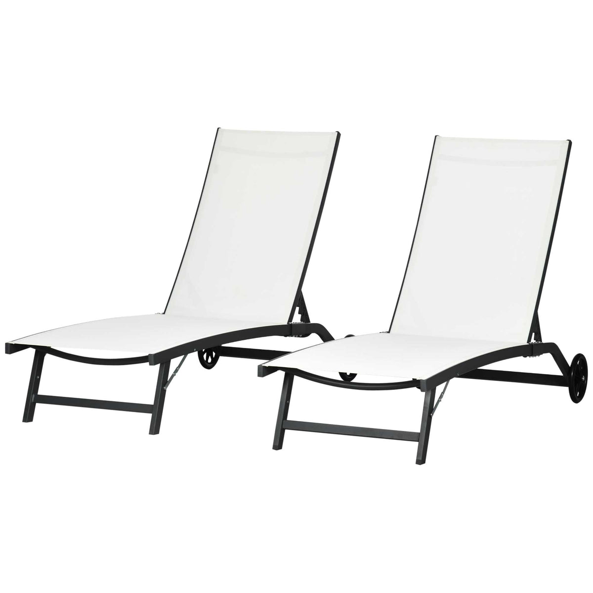 Set of 2 Outdoor Lounge Chairs with Wheels and Mesh Seat, Cream White