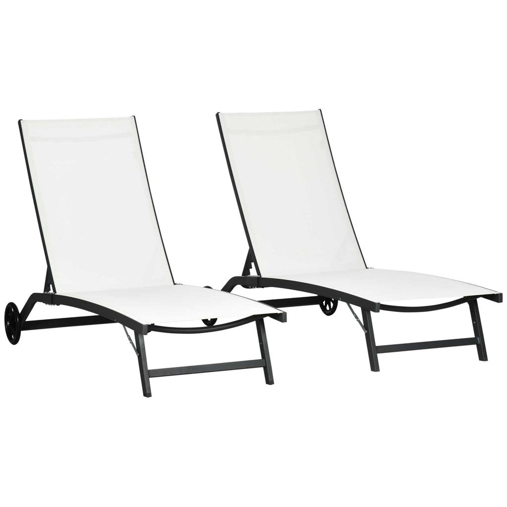 Set of 2 Outdoor Lounge Chairs with Wheels and Mesh Seat, Cream White