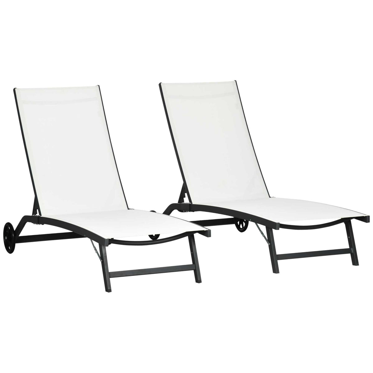 Set of 2 Outdoor Lounge Chairs with Wheels and Mesh Seat, Cream White