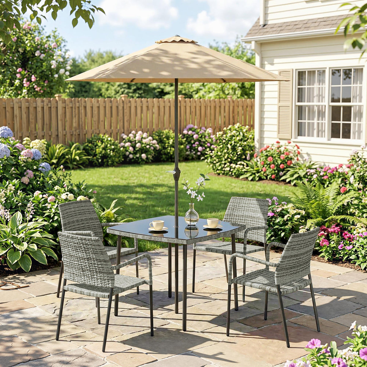 4-Person Rattan Dining Set with Tempered Glass & Tilting Parasol, Light Grey