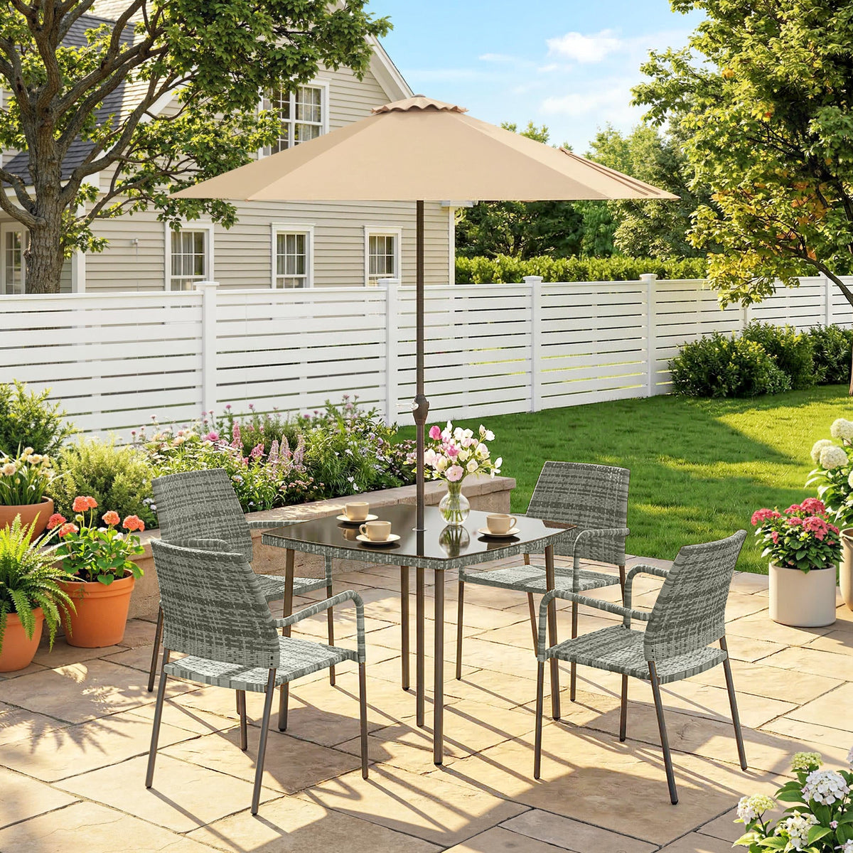 4-Person Rattan Dining Set with Tempered Glass & Tilting Parasol, Light Grey