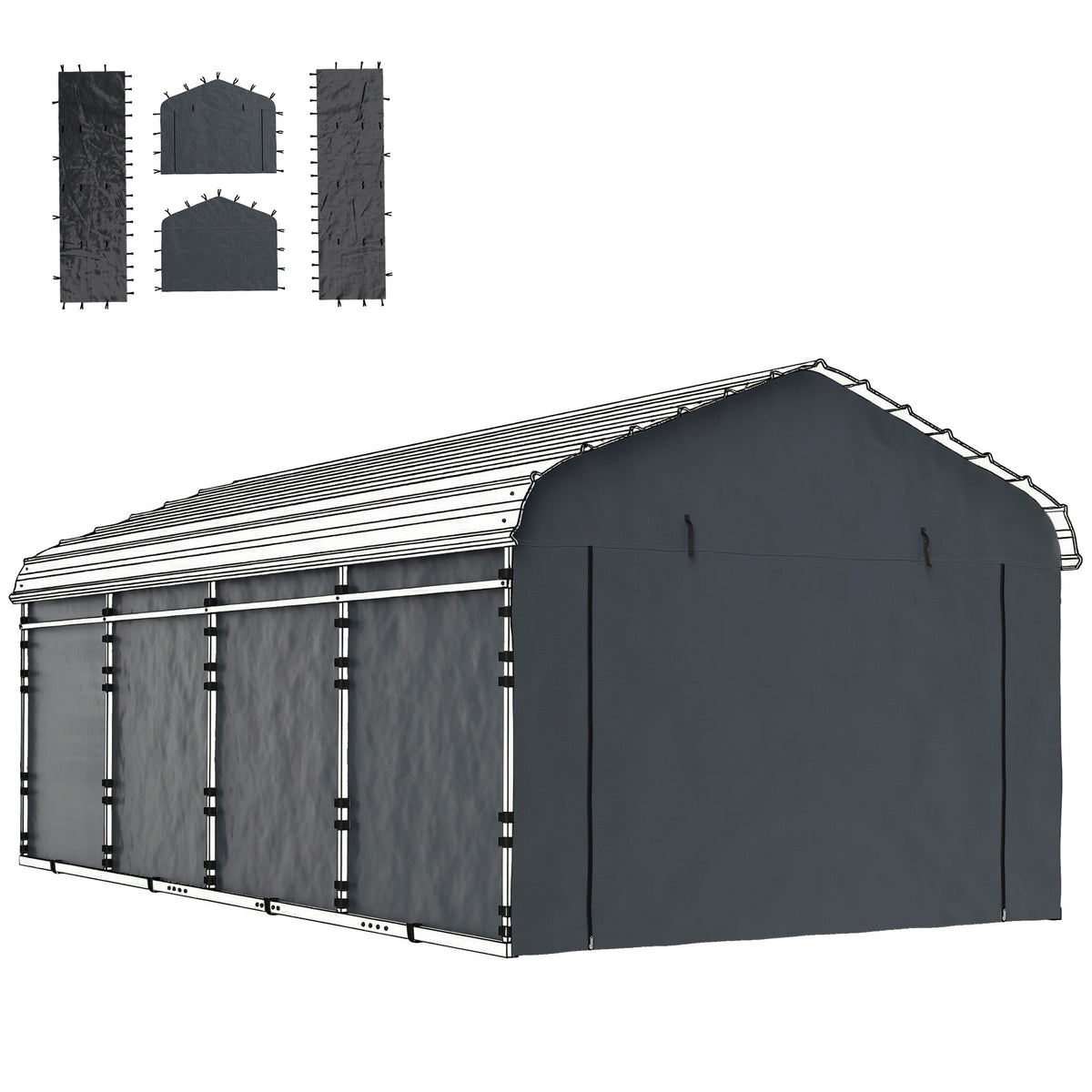 Carport Sidewalls with Roll-Up Door for 10' x 15' Structure, UPF50+ Waterproof PE Tarp, Dark Grey