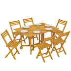 7-Piece Extending Acacia Dining Set with 6 Folding Chairs & Umbrella, Natural