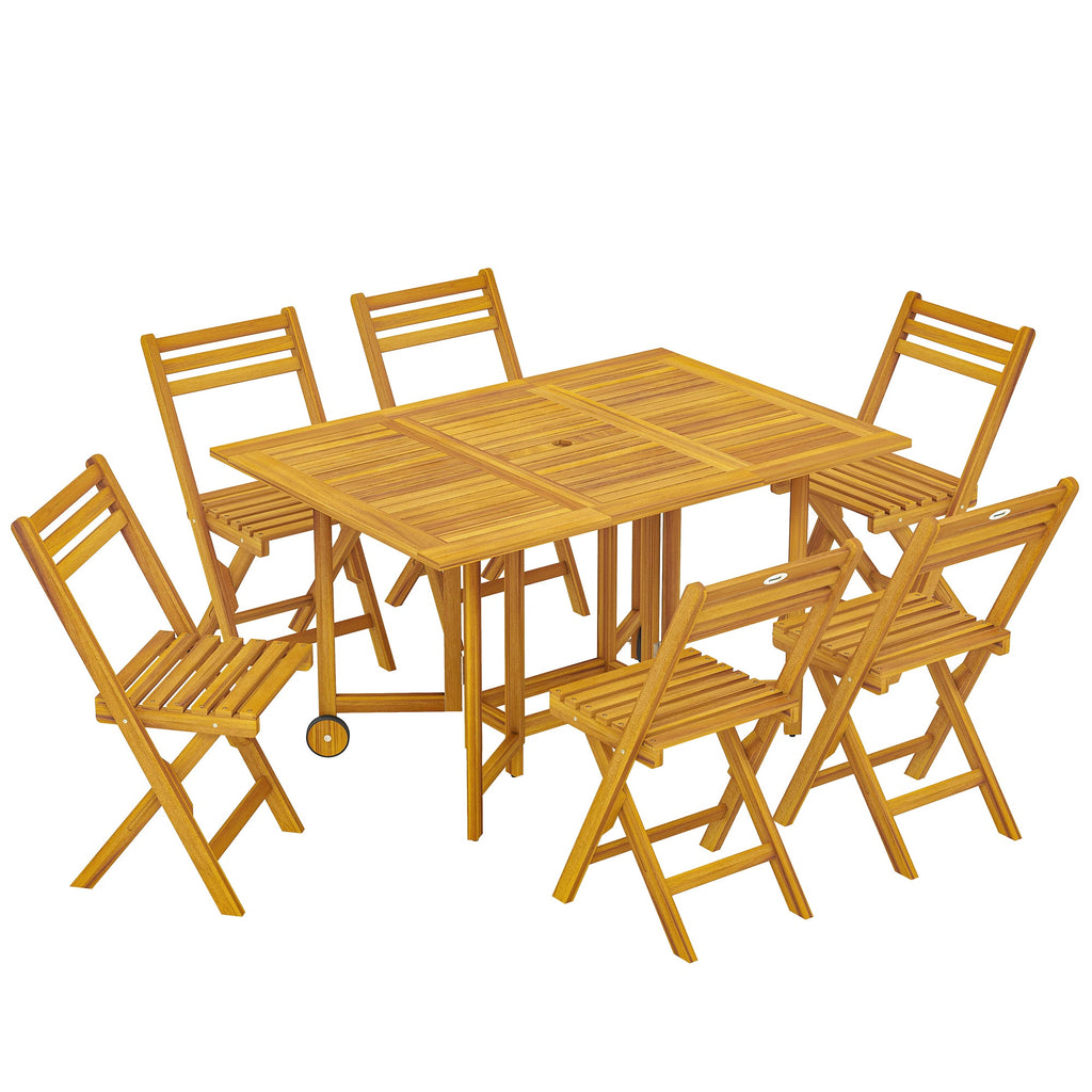 7-Piece Extending Acacia Dining Set with 6 Folding Chairs & Umbrella, Natural