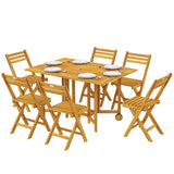 7-Piece Extending Acacia Dining Set with 6 Folding Chairs & Umbrella, Natural
