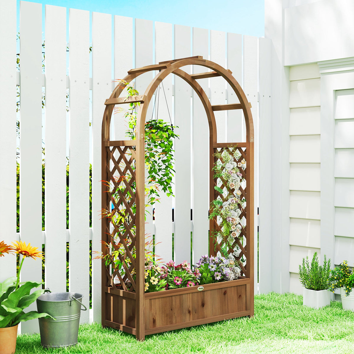 59.8" Raised Garden Bed with Arch Trellis for Climbing Plants, Dark Brown