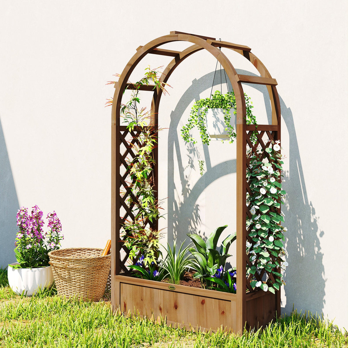 59.8" Raised Garden Bed with Arch Trellis for Climbing Plants, Dark Brown
