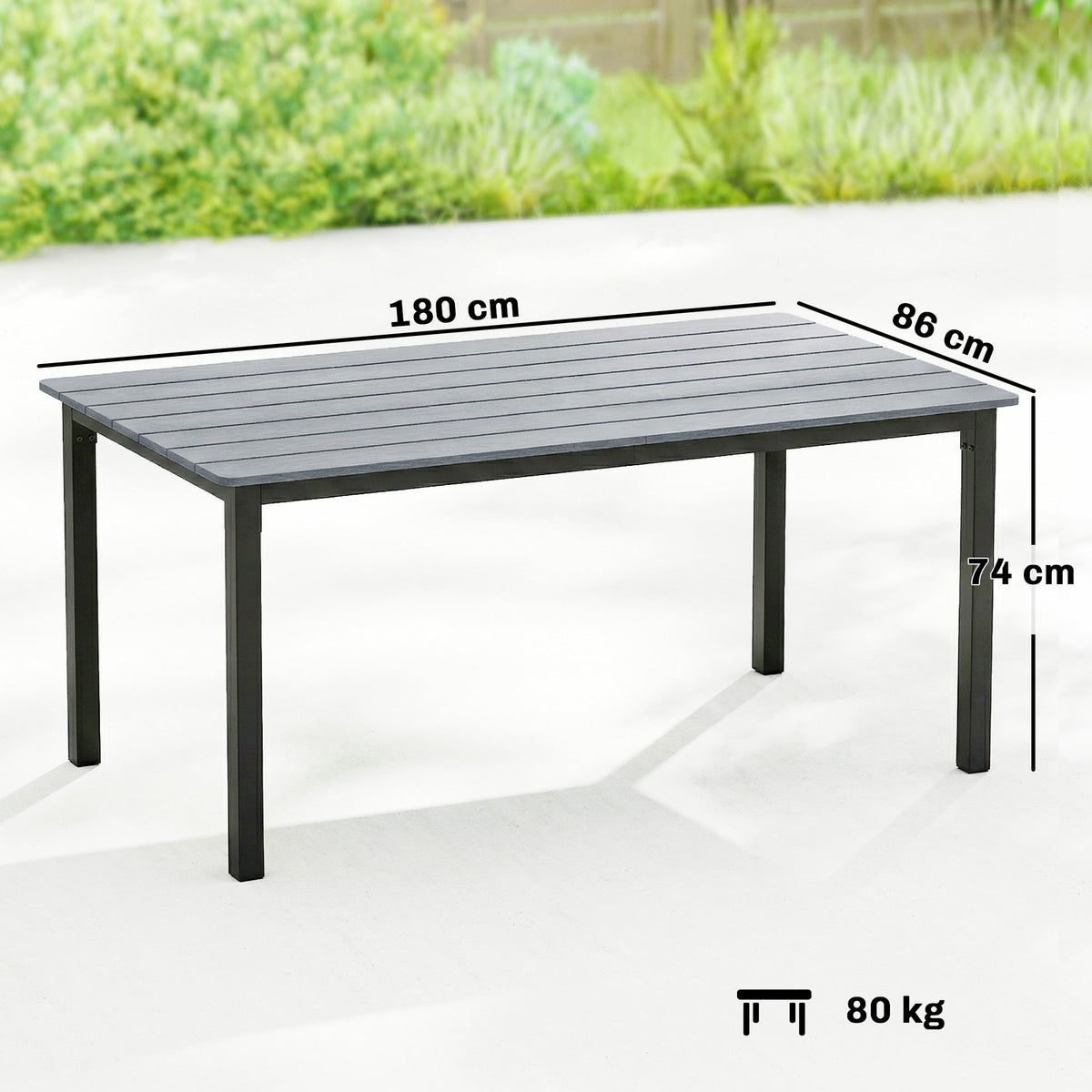 180 x 86 cm Garden Dining Table for 6-8 with Wood Slatted Top, Grey